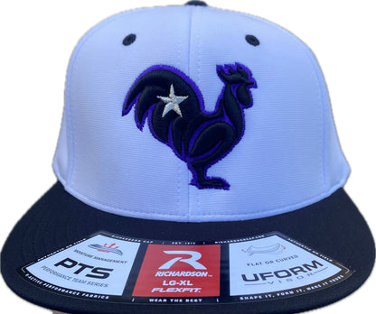 Black rooster with purple outline & metallic silver star on  white/black hat