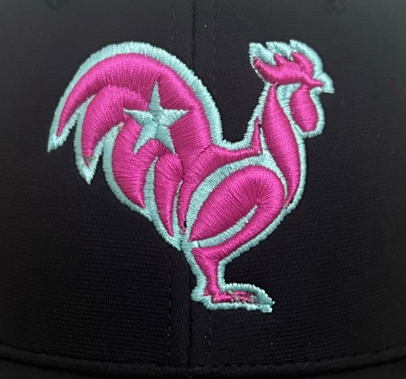Hot pink rooster with mint outline & star, black hat