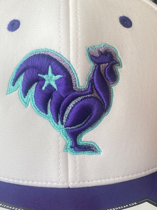White hat with purple rooster,  teal ombré outline & star