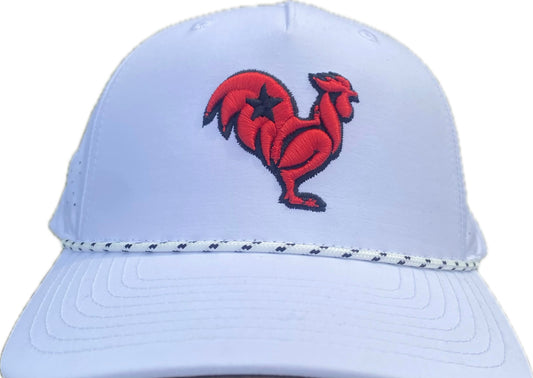 Red rooster with black outline and star on white snapback